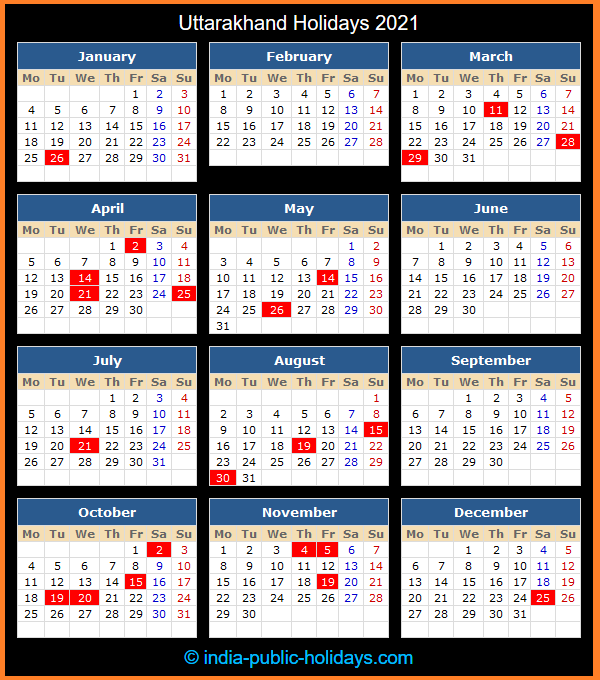 Uttarakhand Holiday Calendar 2021